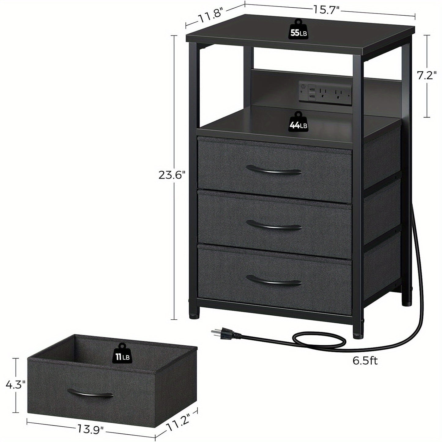 Set of 2 Nightstands with Charging Station and LED Light: Bedside Tables with 3 Fabric Drawers, USB Ports, and Outlets for Bedroom