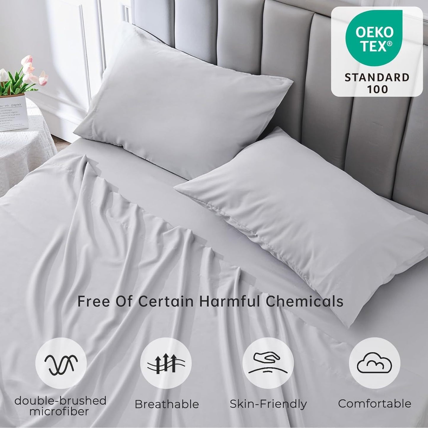 4-Piece Soft Cooling Queen Size Sheets: 14" Deep Pocket, Luxury Hotel-Grade, Shrinkage and Fade Resistant, Easy Care Bed Sheet Set