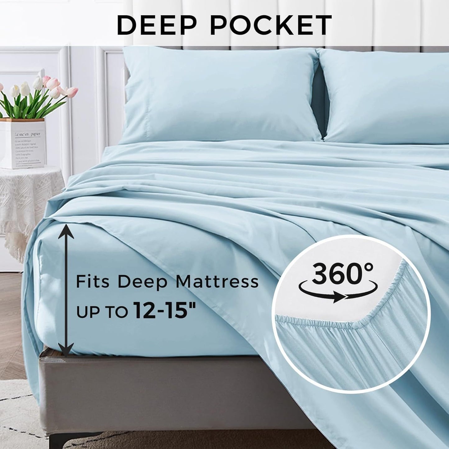 4-Piece Soft Cooling Queen Size Sheets: 14" Deep Pocket, Luxury Hotel-Grade, Shrinkage and Fade Resistant, Easy Care Bed Sheet Set