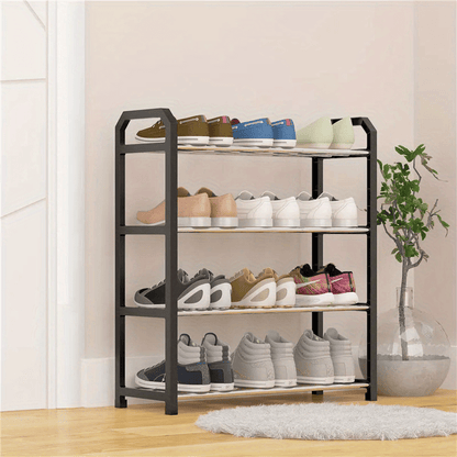 4 Tier Stackable Shoe Rack Organizer – Free Standing Black Vertical Stainless Steel Holder for Entryway, Hallway, and Closet – Space-Saving Design