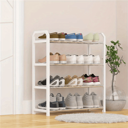 4 Tier Stackable Shoe Rack Organizer – Free Standing Black Vertical Stainless Steel Holder for Entryway, Hallway, and Closet – Space-Saving Design