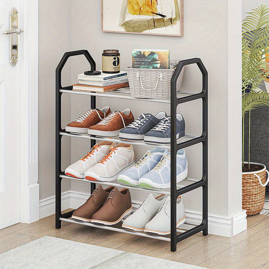 4 Tier Stackable Shoe Rack Organizer – Free Standing Black Vertical Stainless Steel Holder for Entryway, Hallway, and Closet – Space-Saving Design