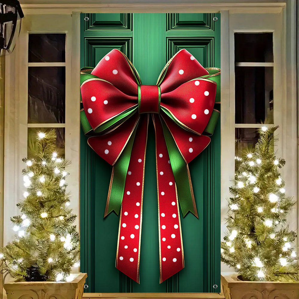 Polyester Christmas Door Cover - Bow Decoration with Gift Box Design, No Electricity Needed, Large Holiday Banner for Home Decor (35.43in x 70.87in)