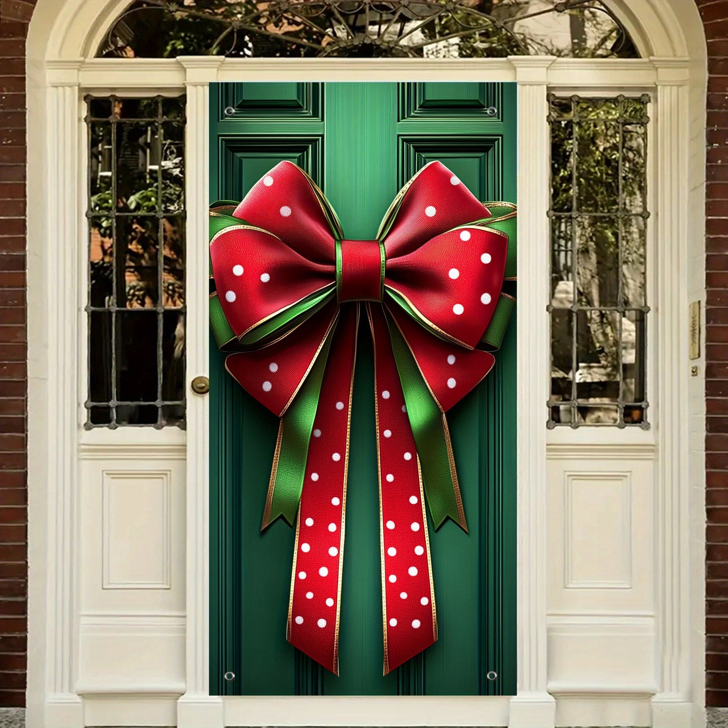 Polyester Christmas Door Cover - Bow Decoration with Gift Box Design, No Electricity Needed, Large Holiday Banner for Home Decor (35.43in x 70.87in)