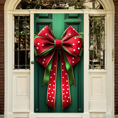 Polyester Christmas Door Cover - Bow Decoration with Gift Box Design, No Electricity Needed, Large Holiday Banner for Home Decor (35.43in x 70.87in)