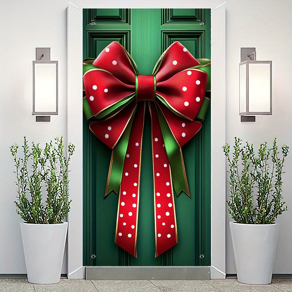 Polyester Christmas Door Cover - Bow Decoration with Gift Box Design, No Electricity Needed, Large Holiday Banner for Home Decor (35.43in x 70.87in)