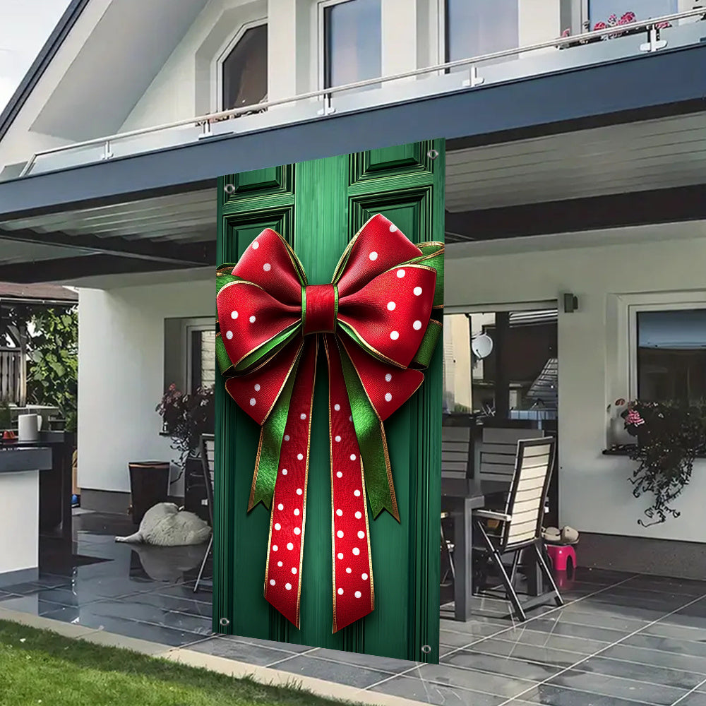 Polyester Christmas Door Cover - Bow Decoration with Gift Box Design, No Electricity Needed, Large Holiday Banner for Home Decor (35.43in x 70.87in)