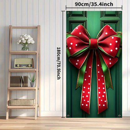 Polyester Christmas Door Cover - Bow Decoration with Gift Box Design, No Electricity Needed, Large Holiday Banner for Home Decor (35.43in x 70.87in)