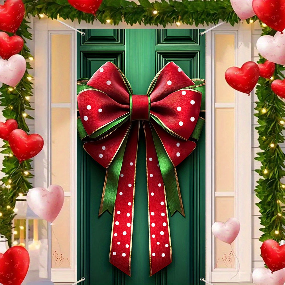 Polyester Christmas Door Cover - Bow Decoration with Gift Box Design, No Electricity Needed, Large Holiday Banner for Home Decor (35.43in x 70.87in)