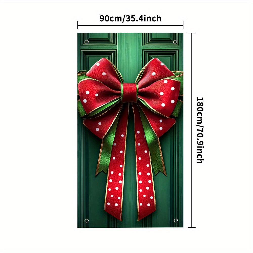 Polyester Christmas Door Cover - Bow Decoration with Gift Box Design, No Electricity Needed, Large Holiday Banner for Home Decor (35.43in x 70.87in)