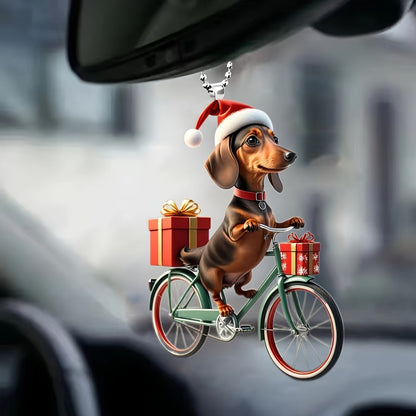 Christmas Cycling Dachshund Acrylic Hanging Ornament - Retro Bicycle Dog Keychain, Car Pendant Decoration, Festive Keyring Accessory with Gift Box