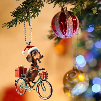 Christmas Cycling Dachshund Acrylic Hanging Ornament - Retro Bicycle Dog Keychain, Car Pendant Decoration, Festive Keyring Accessory with Gift Box