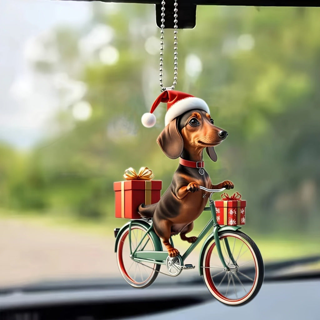 Christmas Cycling Dachshund Acrylic Hanging Ornament - Retro Bicycle Dog Keychain, Car Pendant Decoration, Festive Keyring Accessory with Gift Box