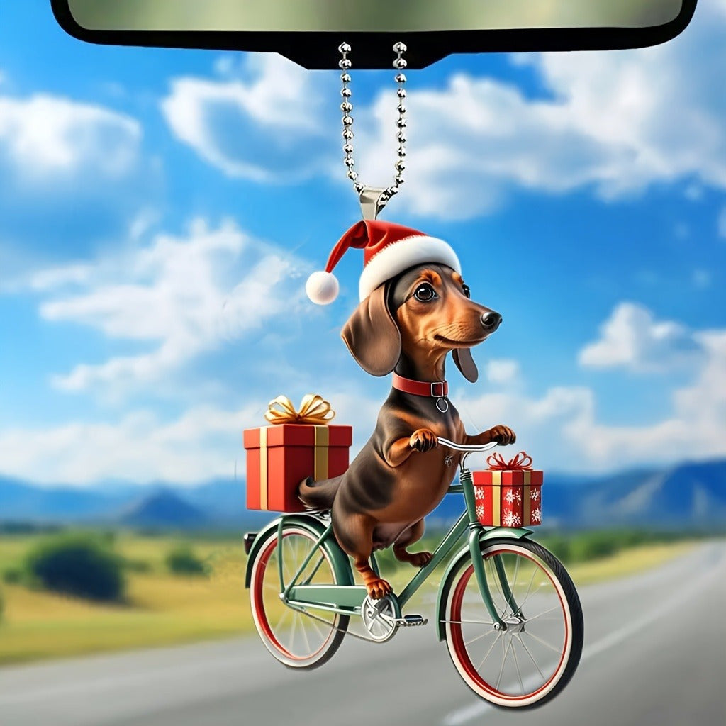 Christmas Cycling Dachshund Acrylic Hanging Ornament - Retro Bicycle Dog Keychain, Car Pendant Decoration, Festive Keyring Accessory with Gift Box