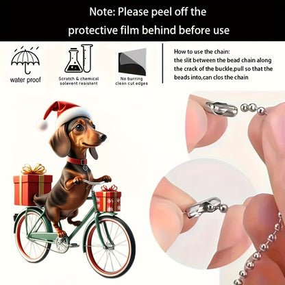 Christmas Cycling Dachshund Acrylic Hanging Ornament - Retro Bicycle Dog Keychain, Car Pendant Decoration, Festive Keyring Accessory with Gift Box