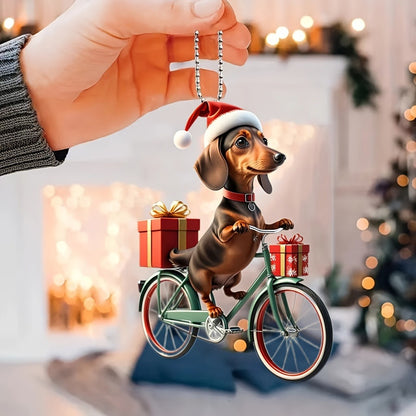 Christmas Cycling Dachshund Acrylic Hanging Ornament - Retro Bicycle Dog Keychain, Car Pendant Decoration, Festive Keyring Accessory with Gift Box