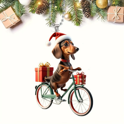 Christmas Cycling Dachshund Acrylic Hanging Ornament - Retro Bicycle Dog Keychain, Car Pendant Decoration, Festive Keyring Accessory with Gift Box