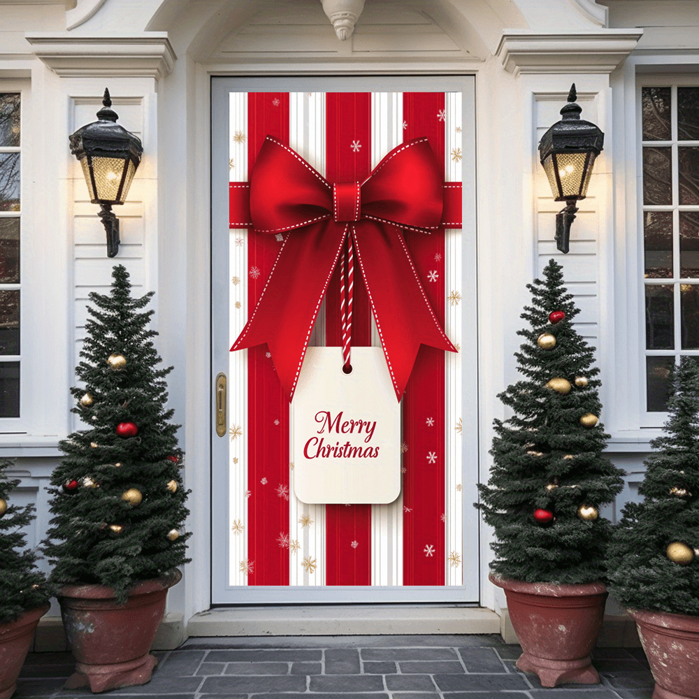 Merry Christmas Bow Front Door Banner - Polyester Festive Entryway Flag, No-Electricity Indoor/Outdoor Holiday Decoration