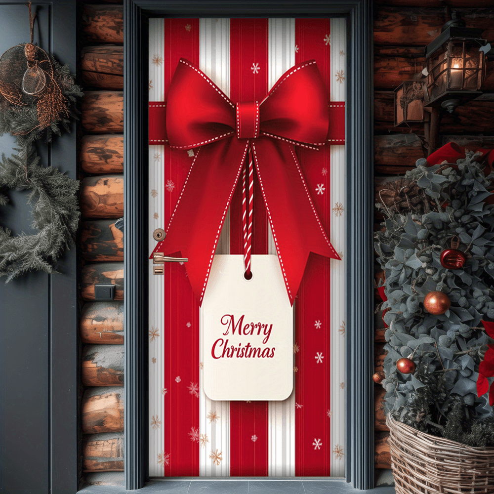 Merry Christmas Bow Front Door Banner - Polyester Festive Entryway Flag, No-Electricity Indoor/Outdoor Holiday Decoration