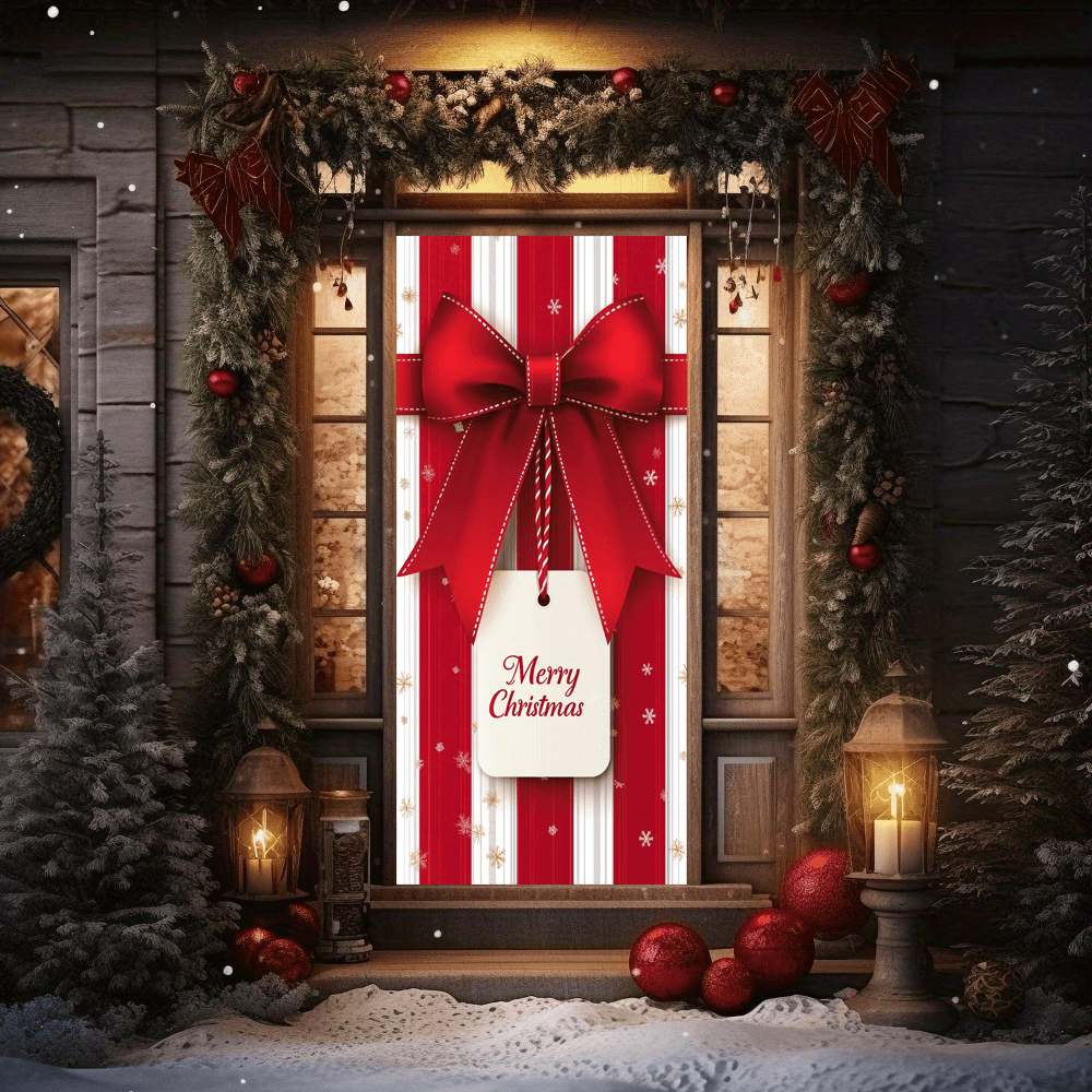 Merry Christmas Bow Front Door Banner - Polyester Festive Entryway Flag, No-Electricity Indoor/Outdoor Holiday Decoration