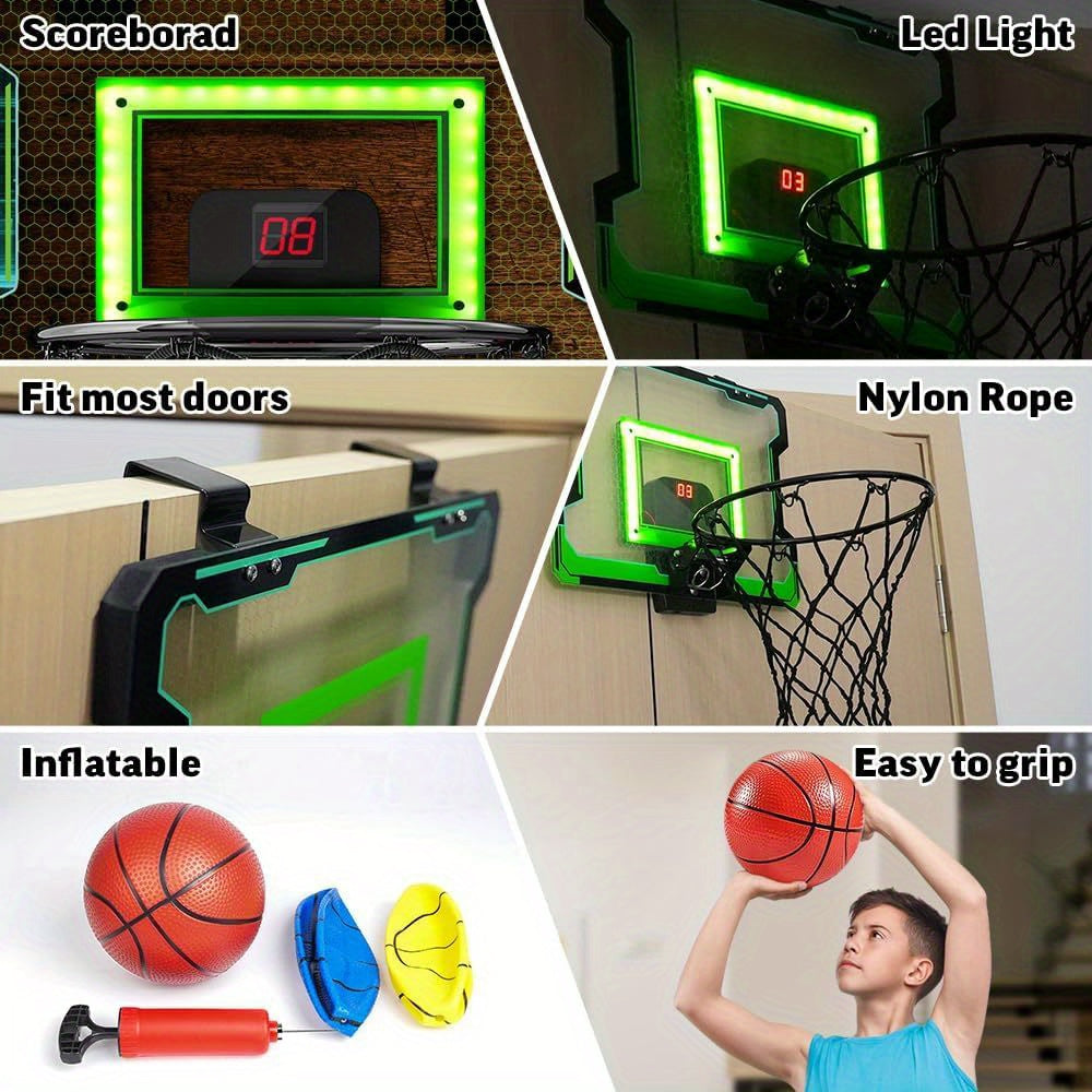 Indoor Electronic Basketball Hoop with Scoreboard - Includes LED Lights, 3 Balls & Pump for Kids, Teens and Adults