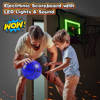 Indoor Electronic Basketball Hoop with Scoreboard - Includes LED Lights, 3 Balls & Pump for Kids, Teens and Adults