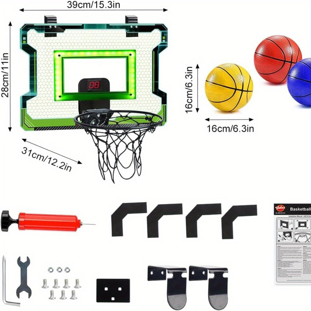 Indoor Electronic Basketball Hoop with Scoreboard - Includes LED Lights, 3 Balls & Pump for Kids, Teens and Adults