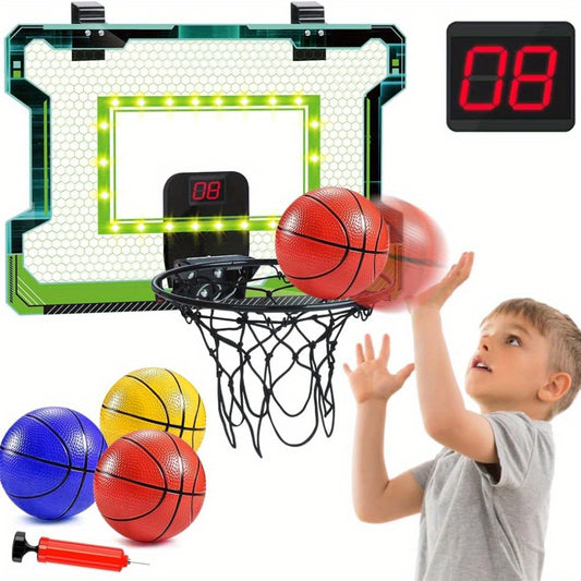 Indoor Electronic Basketball Hoop with Scoreboard - Includes LED Lights, 3 Balls & Pump for Kids, Teens and Adults