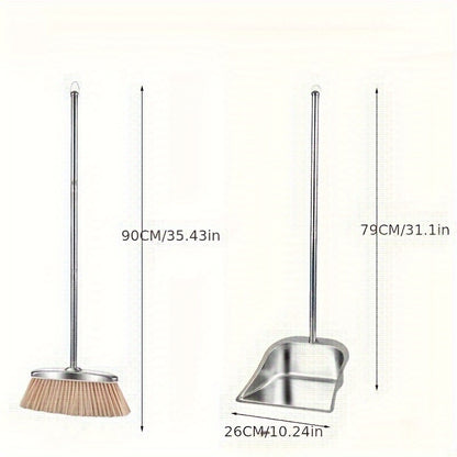 Stainless Steel Broom and Dustpan Set with Long Handle - Durable, Easy-Clean Floor Sweep Kit for Home, Office, and Dorms