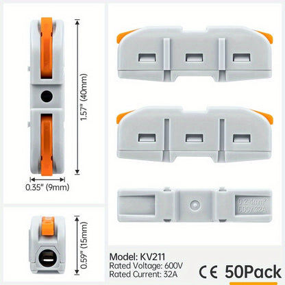 50 Pack Orange Compact Wire Connectors, 1-Conductor Inline Splicing Connectors for 24-12 AWG Circuits