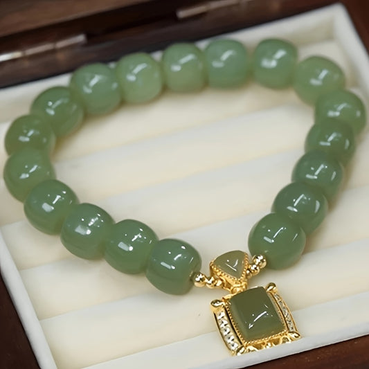 Elegant Boho Green Jade Beaded Bracelet – Handcrafted Chinese Style Jewelry with Synthetic Crystal Pendant, Ideal for Daily and Holiday Wear, Perfect for Christmas