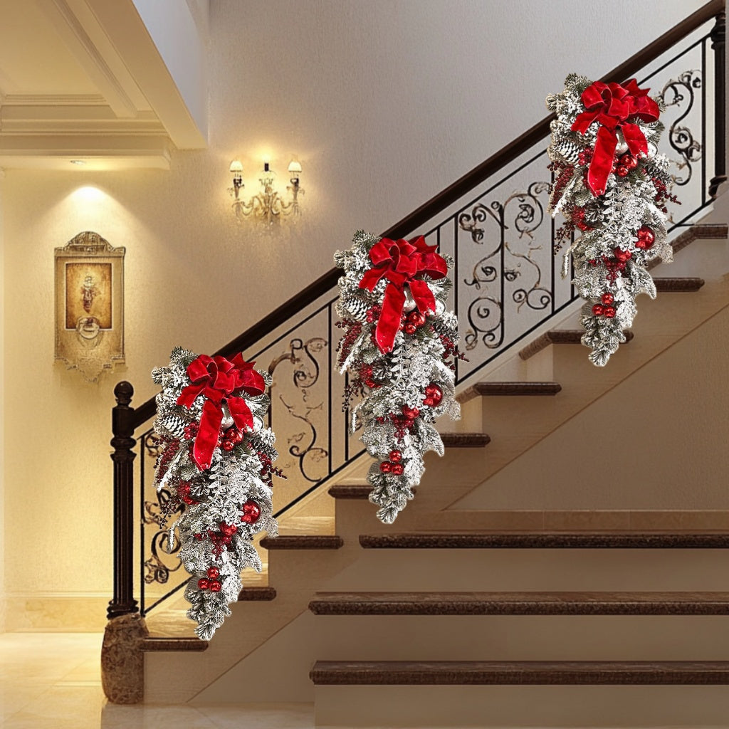 23.62in Prelit Christmas Swag Wreath - Artificial Teardrop Decoration for Stairs, Railings, Walls & Windows, Pine Needles and Red Berries