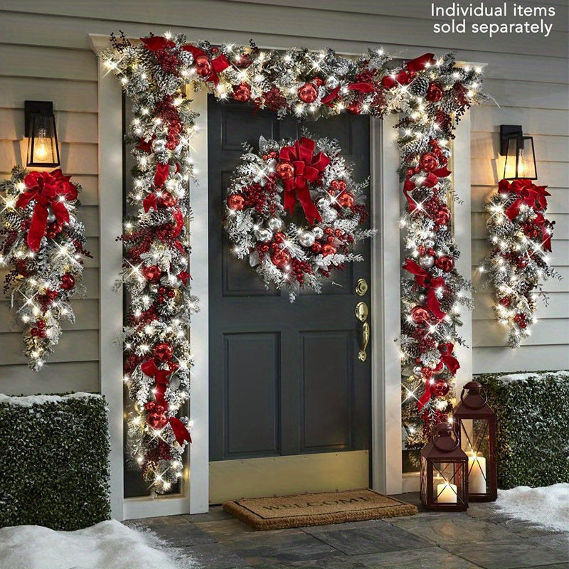 23.62in Prelit Christmas Swag Wreath - Artificial Teardrop Decoration for Stairs, Railings, Walls & Windows, Pine Needles and Red Berries