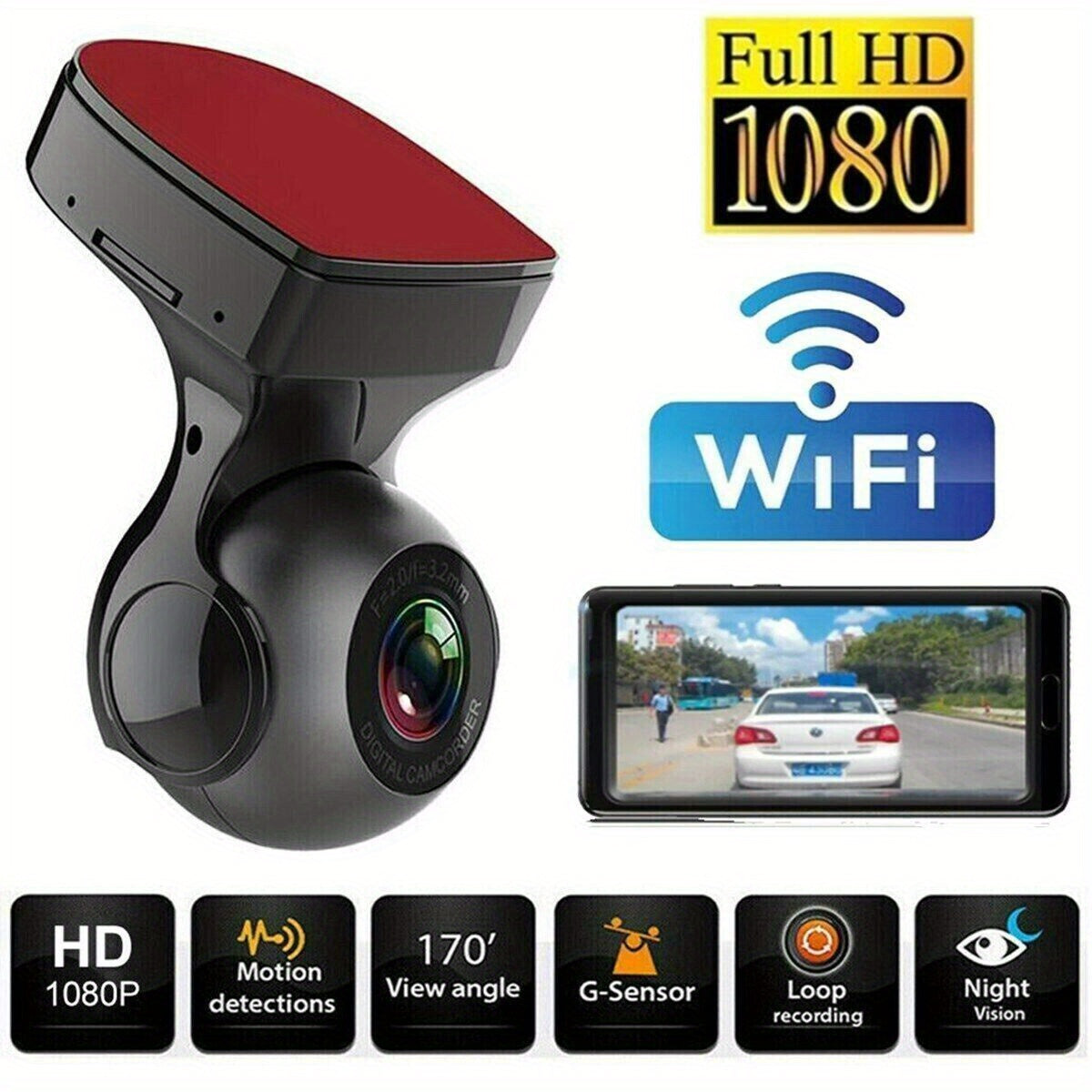 170° WiFi Dash Cam Recorder - HD 1080P Car Camera DVR with G-Sensor for Vehicle Video Recording