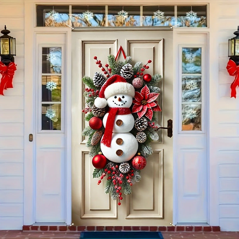 Festive Snowman Wreath - 35.4"x70.9" Polyester Holiday Door Frame Decor with Tassel Accents, Indoor/Outdoor, Battery-Free, Perfect Christmas Gift