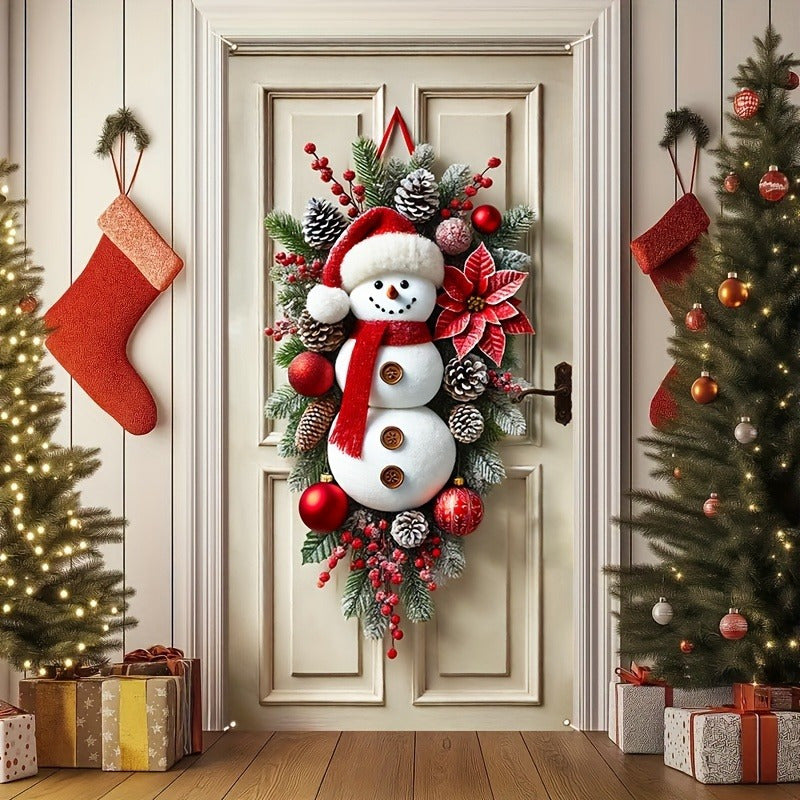 Festive Snowman Wreath - 35.4"x70.9" Polyester Holiday Door Frame Decor with Tassel Accents, Indoor/Outdoor, Battery-Free, Perfect Christmas Gift