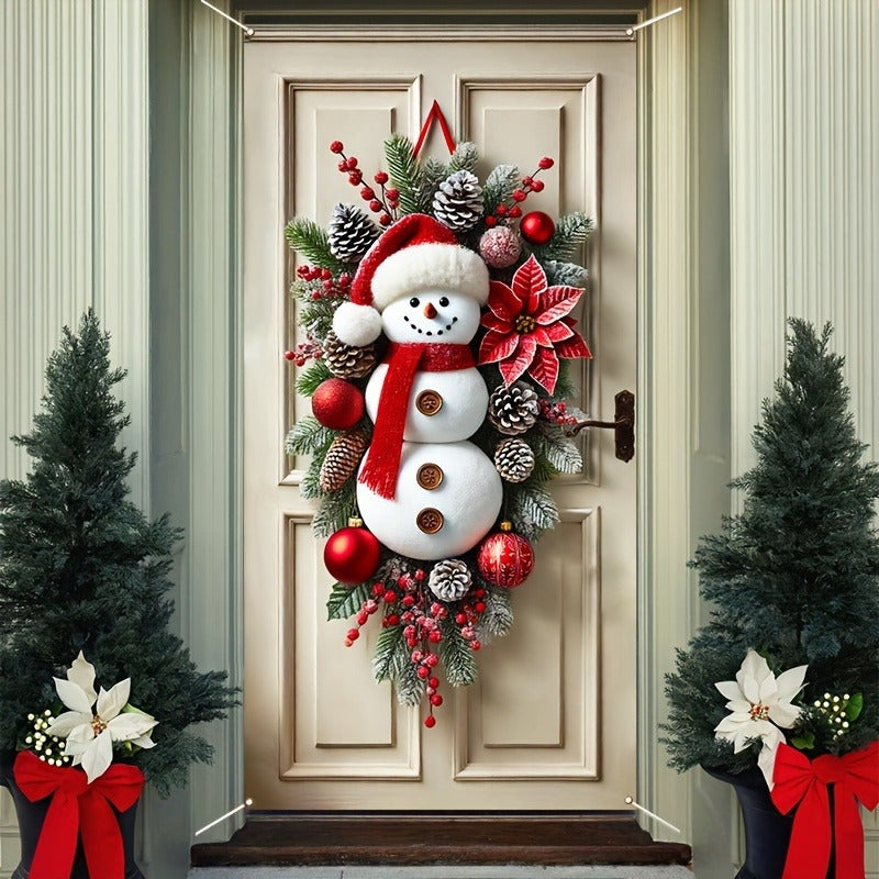 Festive Snowman Wreath - 35.4"x70.9" Polyester Holiday Door Frame Decor with Tassel Accents, Indoor/Outdoor, Battery-Free, Perfect Christmas Gift