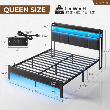 Greenstell Bed Frame with Charging Station and LED Lights - Twin, Full, Queen, King Sizes, PU Leather/Neutral Linen Headboard, Storage Shelves, Heavy Duty Metal Slats, No Box Spring Needed, Noise-Free