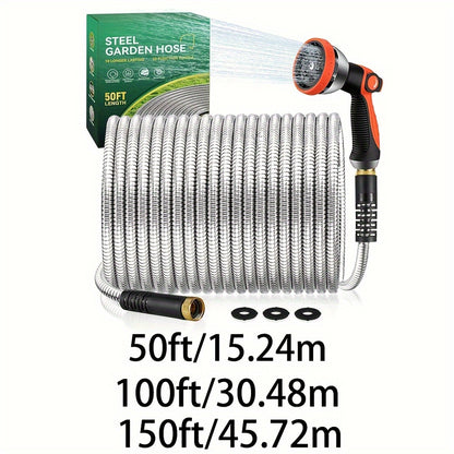 50FT/100FT/150FT Stainless Steel Garden Hose – No Kinks or Tangles, 10-Function Nozzle, Wear-Resistant and Leak-Proof Patio Water Hose