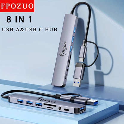 FPOZUO USB 3.0 and USB-C Hub Adapter with SD/TF Card Reader - 5Gbps Data Transfer, Aluminum Alloy Expansion Dock for Laptops, USB 2.0, TF, SD, 3.5mm Interfaces