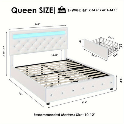 Upholstered Bed Frame with LED Lights Headboard – Full/Queen/King Size Platform Bed with 4 Drawers – Crystal Button Tufted, No Box Spring Needed, Faux Leather/Velvet Fabric – White/Black/Velvet Beige