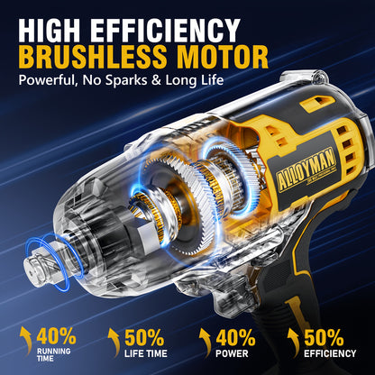 Alloyman Pro 20V 4.0AH Cordless Impact Wrench – 555 Ft-lbs Max Torque, 2000 RPM Brushless Motor, Includes 6 Sockets & 3 Extension Bars – 1 Hour Fast Charging, Long-Lasting Battery