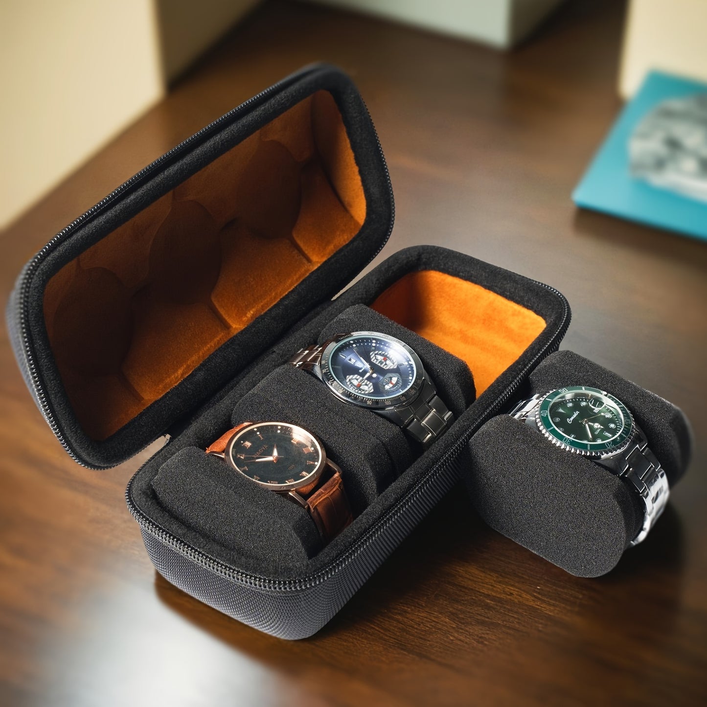 Compact 3-Slot Watch Travel Case with Soft Lining and Hard Shell - Ideal Gift-Ready Watch Carry Box