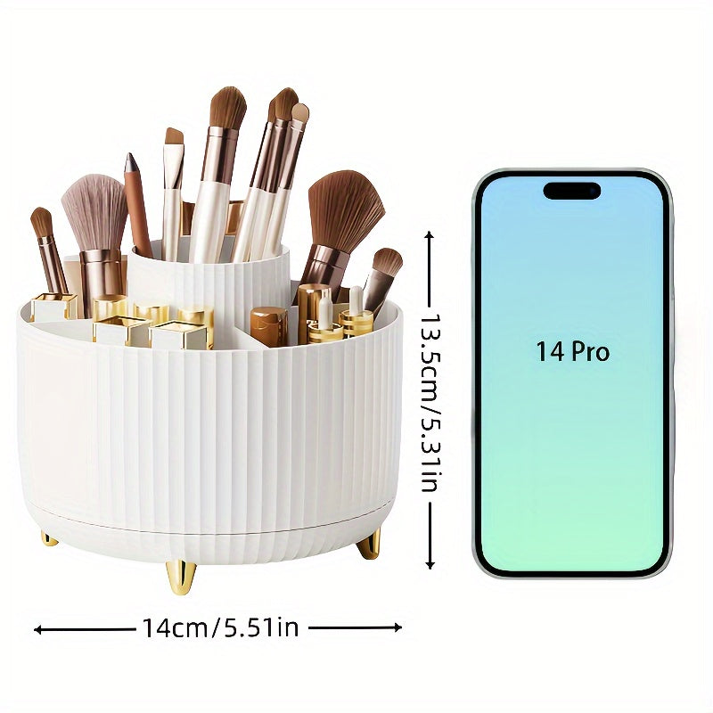 360° Rotating Makeup Organizer – Plastic Cosmetic Storage with 5 Compartments, Multi-Functional Holder for Brushes, Lipsticks, and Skincare – Durable Desk Caddy with Luxury Stripe Design