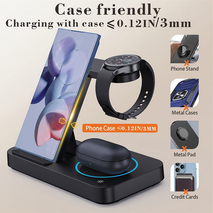 4 in 1 Fast Wireless Charger Station for Samsung - Charging Dock for Android Phones, Galaxy Buds, and Watches with LED Night Light, Compatible with S24 Ultra, S23, S22, Note 20 Plus, Z Flip 5, Fold 5, and More