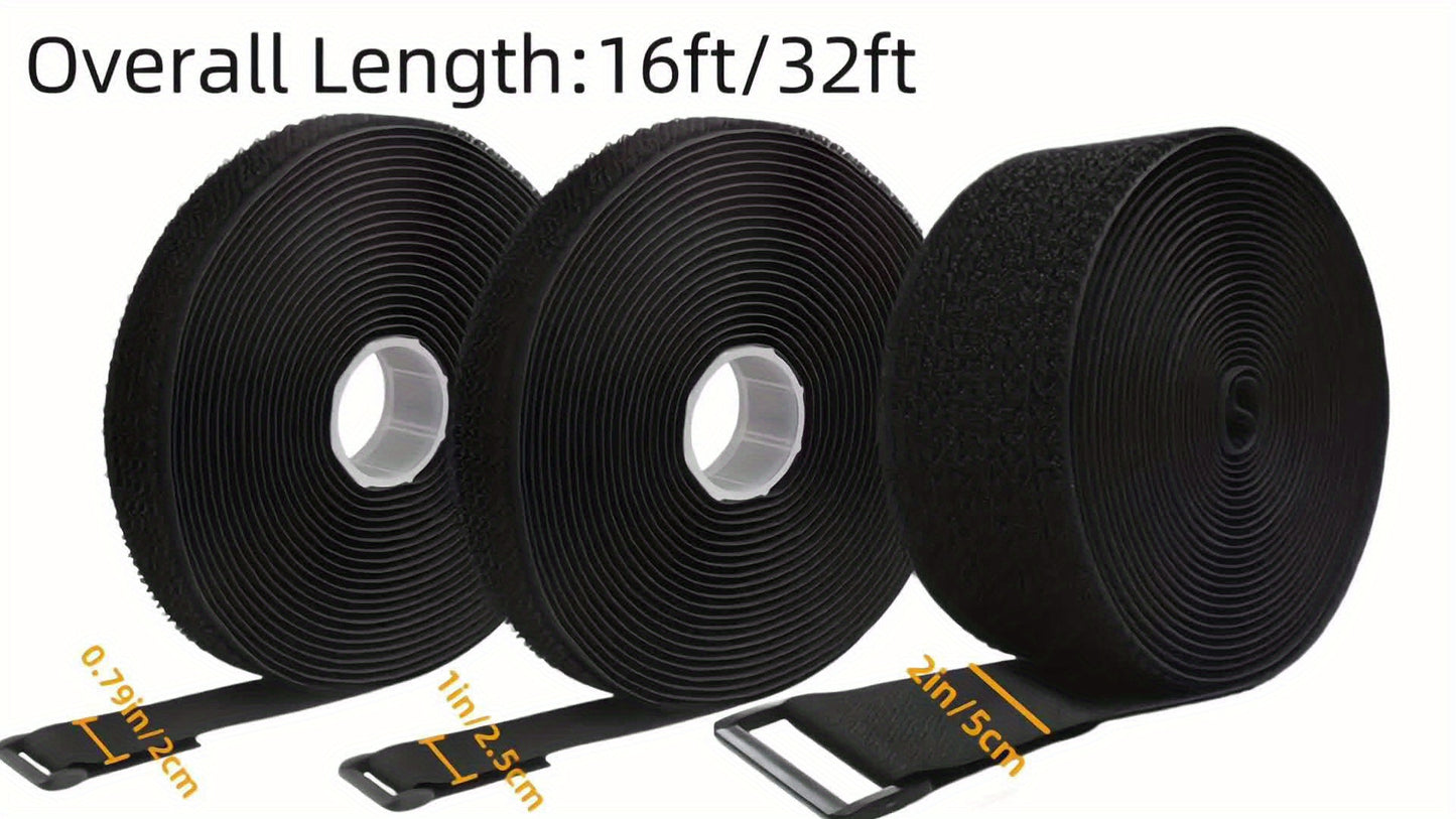 16ft/32ft Heavy-Duty Reusable Hook and Loop Cable Ties – Adjustable, Durable, Free Cut Length for Cable Management, Wire Organization, Black