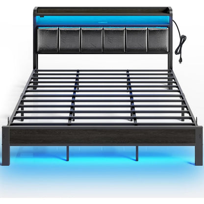 Greenstell Bed Frame with Charging Station and LED Lights - Twin, Full, Queen, King Sizes, PU Leather/Neutral Linen Headboard, Storage Shelves, Heavy Duty Metal Slats, No Box Spring Needed, Noise-Free