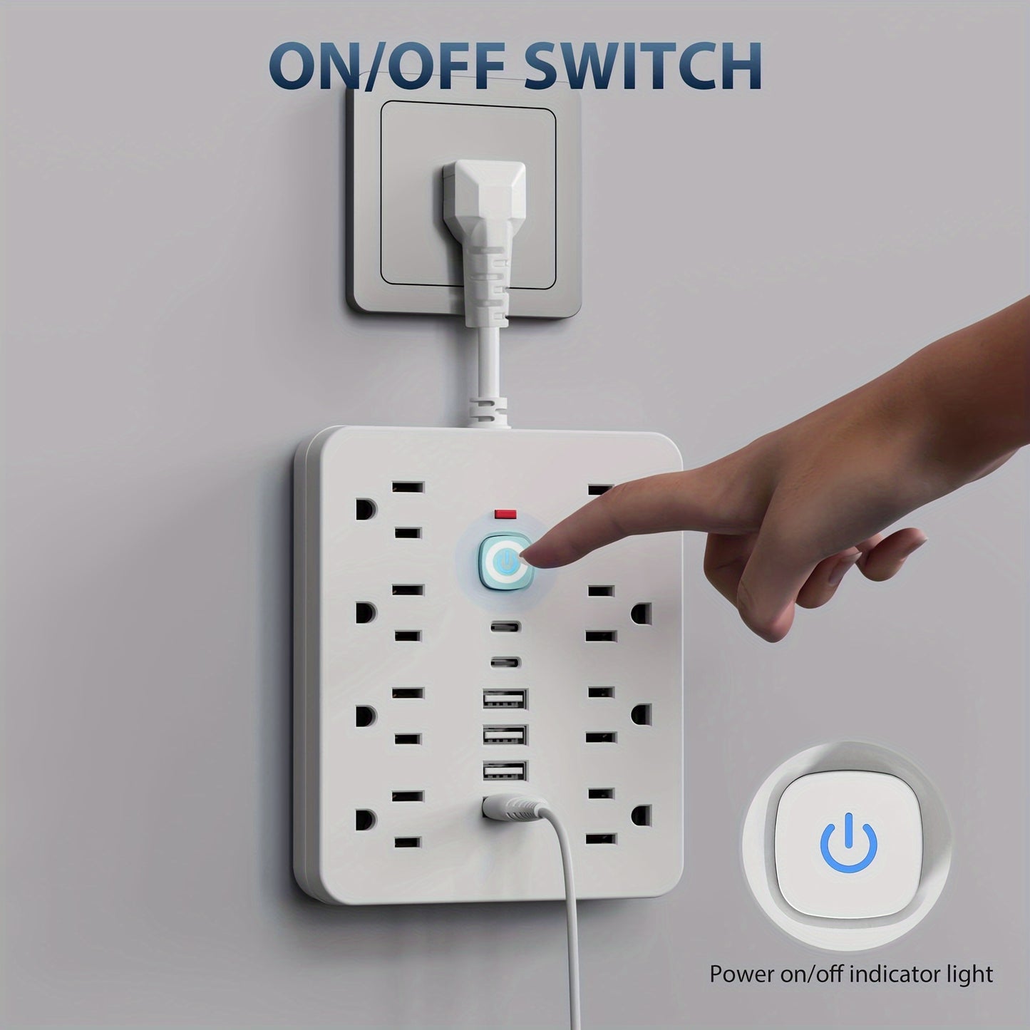 Multi-Functional Power Strip with Switch and Surge Protection – 14 in 1 Outlet with 8 Power Outlets, 4 USB, and 2 Type-C Ports for Office, Home, and Travel