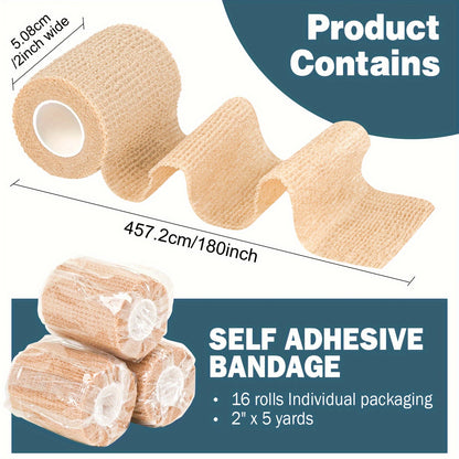 16 Pack Elastic Cohesive Bandage Rolls – Self-Adhesive, Breathable Wrap for Sports, Medical, Vet Use – 2 Inch x 5 Yards Athletic Tape, Skin-Friendly and Versatile Support