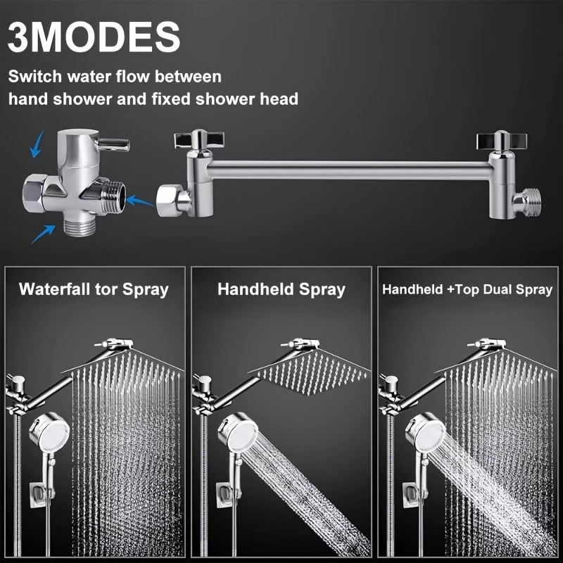 12 Inch High Pressure Rainfall Shower Head Combo – Handheld with 11 Inch Extension Arm, 9 Settings Adjustable, Anti-Leak with Holder and Hose, Height/Angle Adjustable